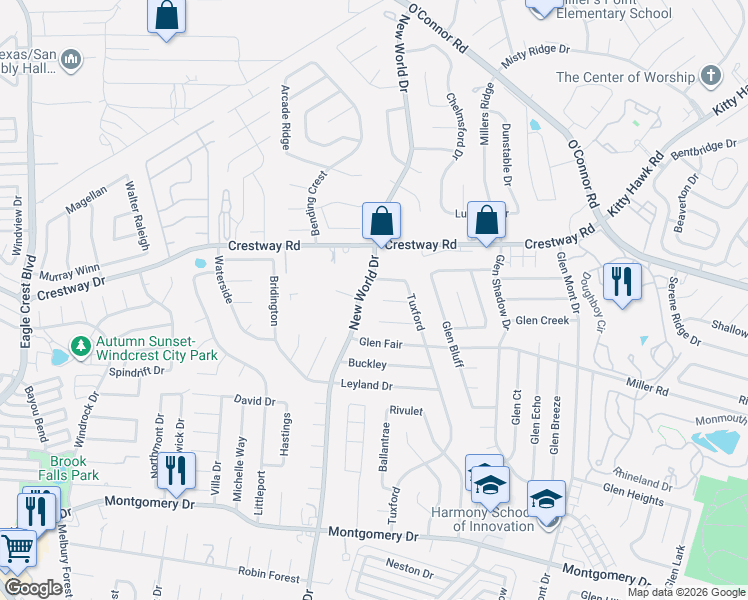 map of restaurants, bars, coffee shops, grocery stores, and more near 8810 New World Drive in San Antonio