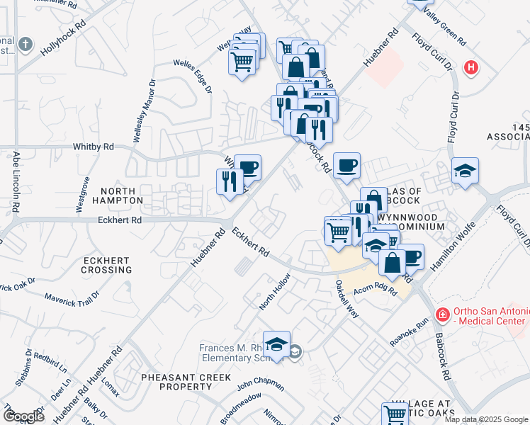 map of restaurants, bars, coffee shops, grocery stores, and more near 8648 Huebner Road in San Antonio