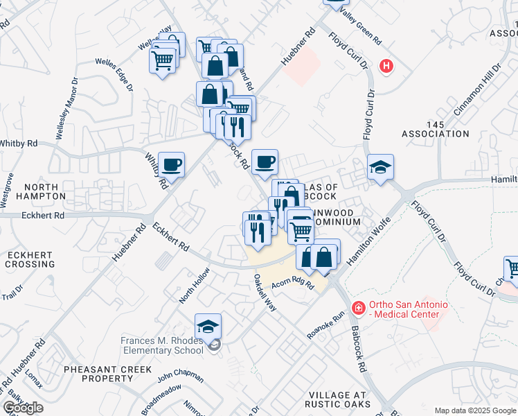 map of restaurants, bars, coffee shops, grocery stores, and more near 5600 Babcock Road in San Antonio
