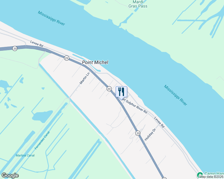 map of restaurants, bars, coffee shops, grocery stores, and more near 121 Oak Ridge Lane in Port Sulphur