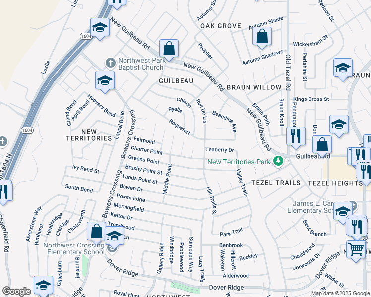 map of restaurants, bars, coffee shops, grocery stores, and more near 8323 Braes Point Drive in San Antonio
