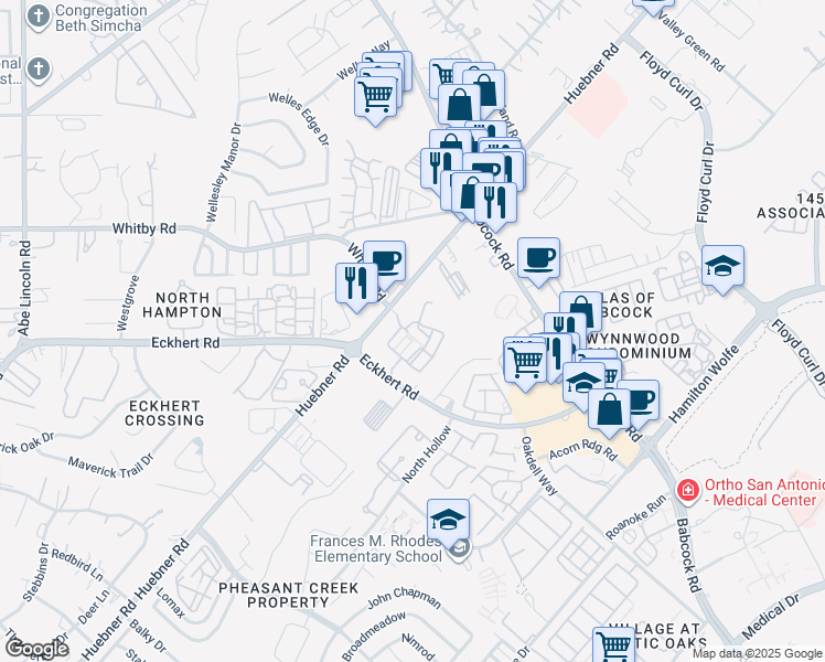 map of restaurants, bars, coffee shops, grocery stores, and more near 8648 Huebner Road in San Antonio