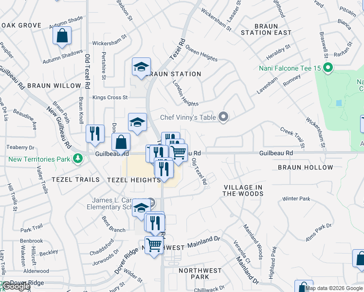 map of restaurants, bars, coffee shops, grocery stores, and more near 8431 Cranberry Hill in San Antonio