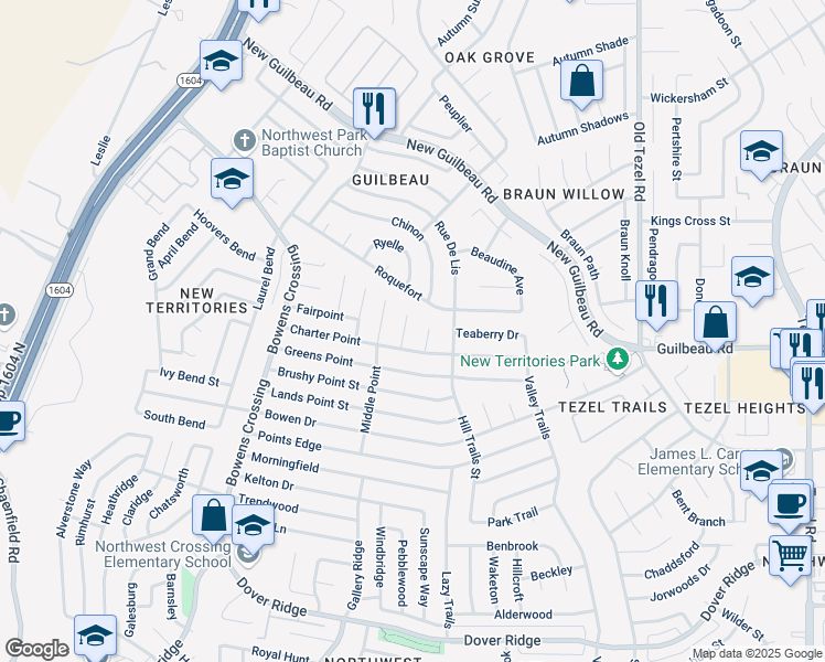map of restaurants, bars, coffee shops, grocery stores, and more near 8323 Braes Point Drive in San Antonio