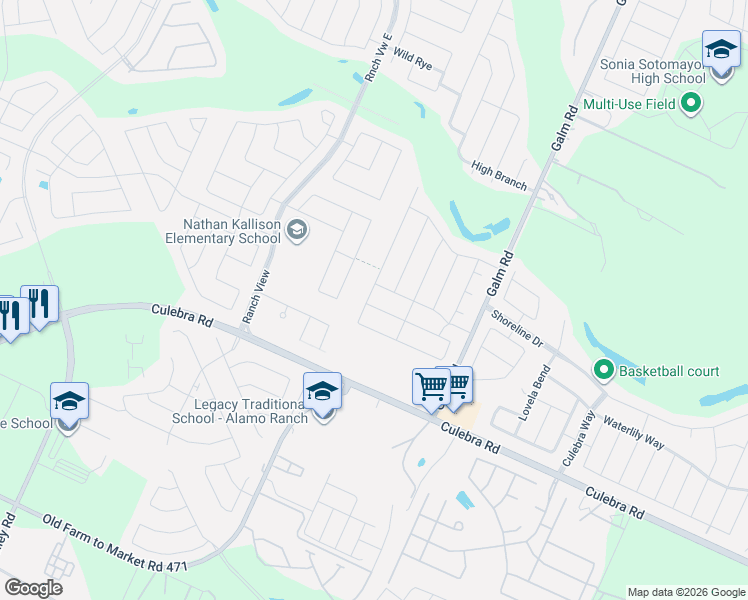 map of restaurants, bars, coffee shops, grocery stores, and more near 8343 Angelina Parke in San Antonio