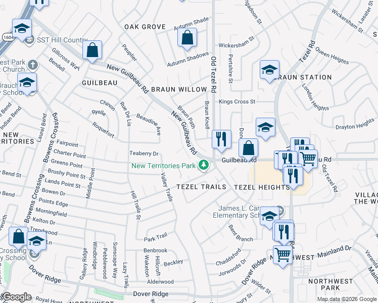 map of restaurants, bars, coffee shops, grocery stores, and more near 8400 Braun Walk in San Antonio