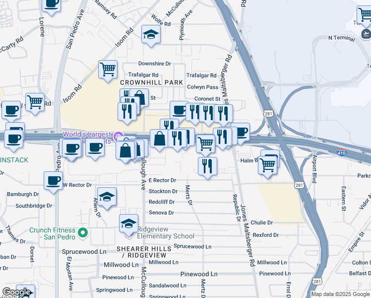map of restaurants, bars, coffee shops, grocery stores, and more near 76 Northeast Interstate 410 Loop in San Antonio