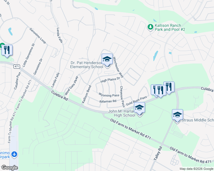 map of restaurants, bars, coffee shops, grocery stores, and more near 8435 Pale Horse Lane in San Antonio