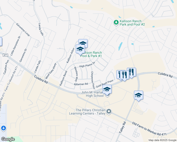 map of restaurants, bars, coffee shops, grocery stores, and more near 8443 Painted Wagon in San Antonio