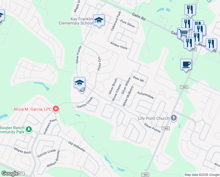 map of restaurants, bars, coffee shops, grocery stores, and more near 8447 Silver Brush in San Antonio