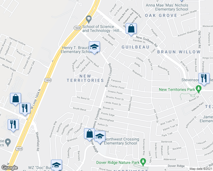 map of restaurants, bars, coffee shops, grocery stores, and more near Bowens Crossing Street in San Antonio