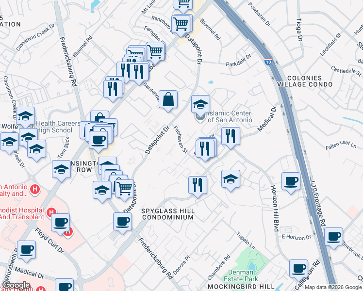 map of restaurants, bars, coffee shops, grocery stores, and more near 37 Fairhaven Street in San Antonio