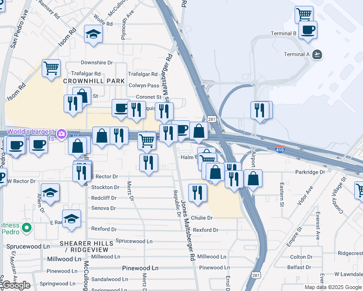map of restaurants, bars, coffee shops, grocery stores, and more near 100 Northeast Interstate 410 Loop in San Antonio