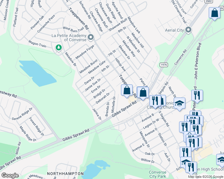 map of restaurants, bars, coffee shops, grocery stores, and more near 403 Bridgit Drive in Converse