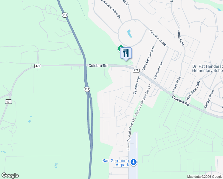 map of restaurants, bars, coffee shops, grocery stores, and more near 15339 Daystar Pass in San Antonio