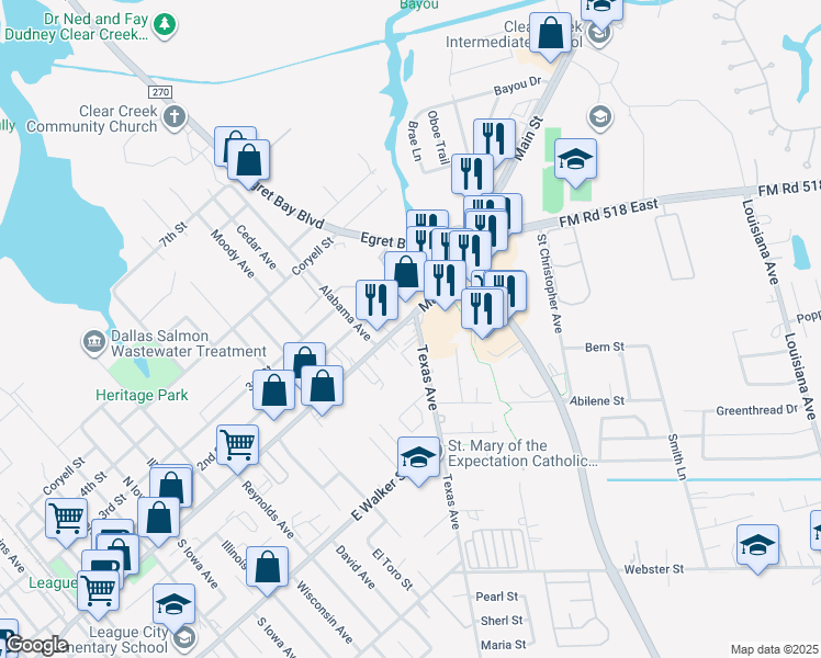 map of restaurants, bars, coffee shops, grocery stores, and more near 1813 East Main Street in League City