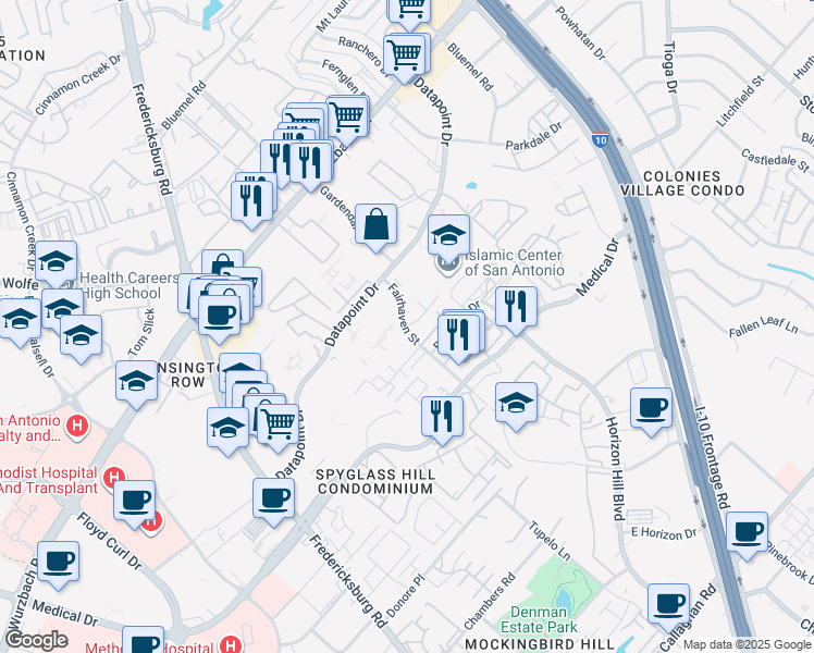 map of restaurants, bars, coffee shops, grocery stores, and more near 37 Fairhaven Street in San Antonio