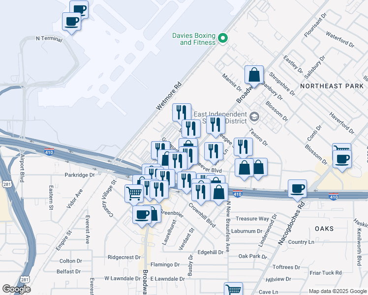 map of restaurants, bars, coffee shops, grocery stores, and more near 8615 Broadway Street in San Antonio