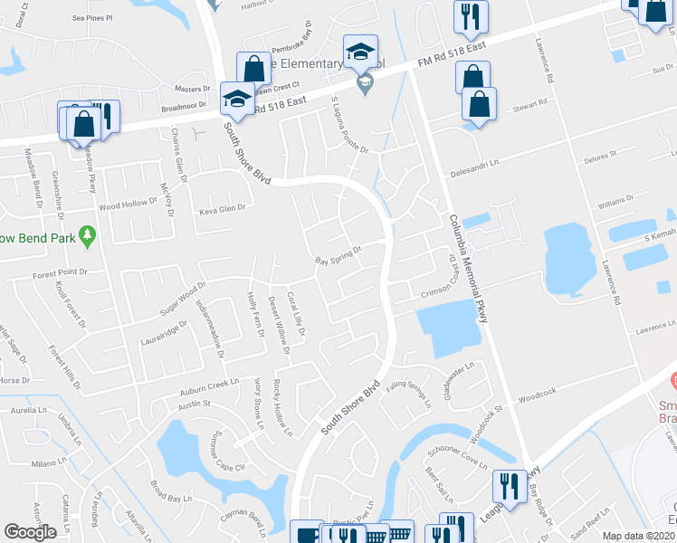 map of restaurants, bars, coffee shops, grocery stores, and more near 3110 Misty Shore Drive in League City