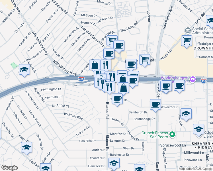 map of restaurants, bars, coffee shops, grocery stores, and more near 1000 Northwest Loop 410 in San Antonio