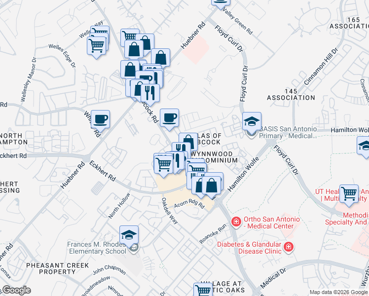 map of restaurants, bars, coffee shops, grocery stores, and more near 5615 Babcock Road in San Antonio