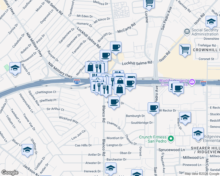 map of restaurants, bars, coffee shops, grocery stores, and more near 1000 Northwest Loop 410 in San Antonio