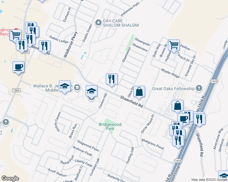 map of restaurants, bars, coffee shops, grocery stores, and more near 10865 Shaenfield Road in San Antonio
