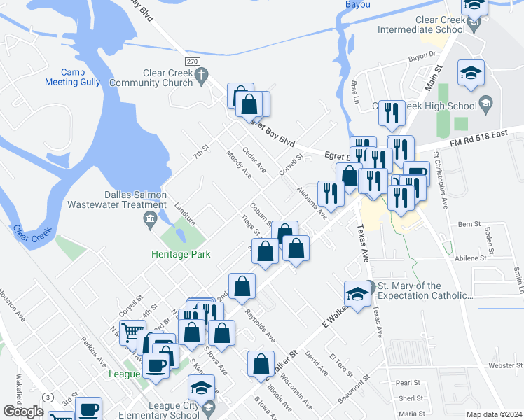 map of restaurants, bars, coffee shops, grocery stores, and more near 404 Coburn Street in League City