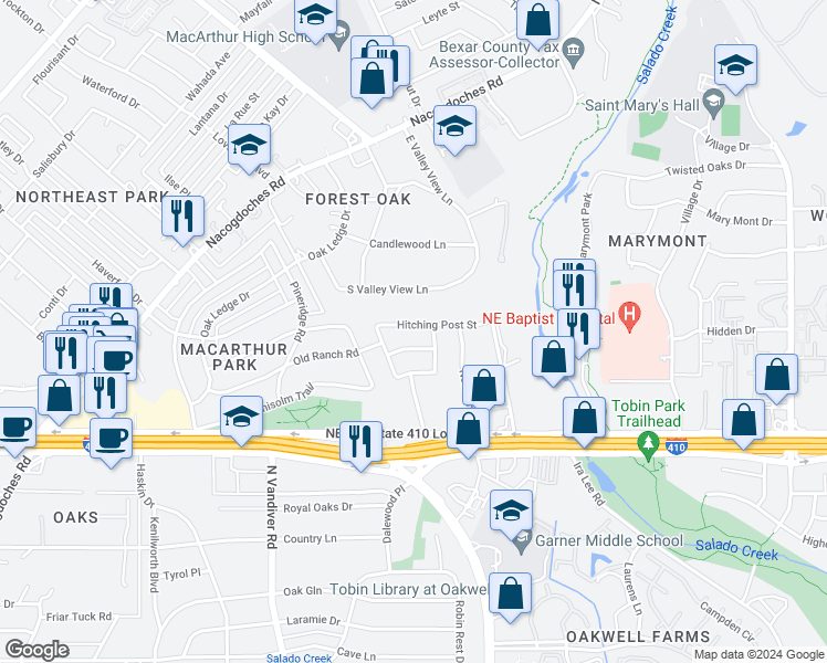 map of restaurants, bars, coffee shops, grocery stores, and more near 3126 Hitching Post Street in San Antonio