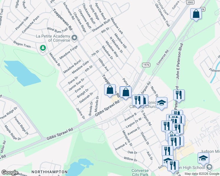 map of restaurants, bars, coffee shops, grocery stores, and more near 306 Toepperwein Road in Converse