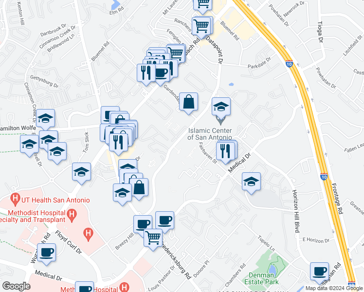 map of restaurants, bars, coffee shops, grocery stores, and more near 8710 Datapoint Drive in San Antonio