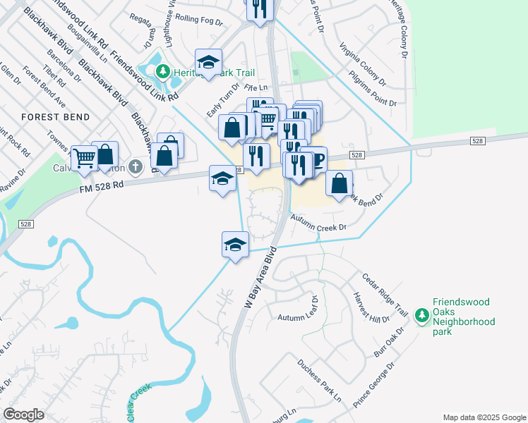 map of restaurants, bars, coffee shops, grocery stores, and more near 3102 Bay Area Boulevard in Friendswood