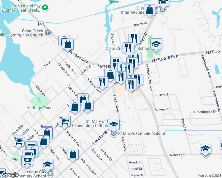 map of restaurants, bars, coffee shops, grocery stores, and more near 1813 East Main Street in League City