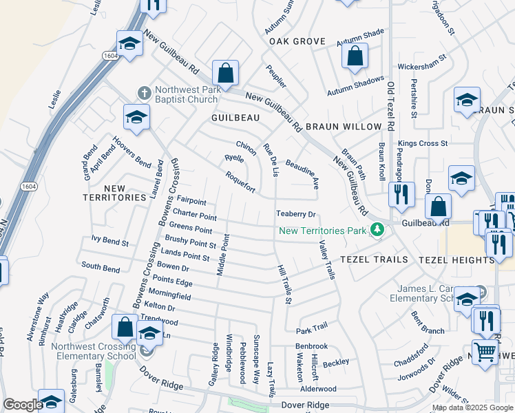 map of restaurants, bars, coffee shops, grocery stores, and more near 8323 Braes Point Drive in San Antonio