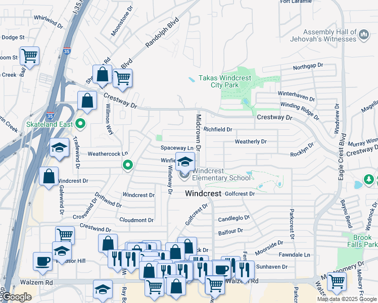 map of restaurants, bars, coffee shops, grocery stores, and more near 450 Spaceway Drive in San Antonio