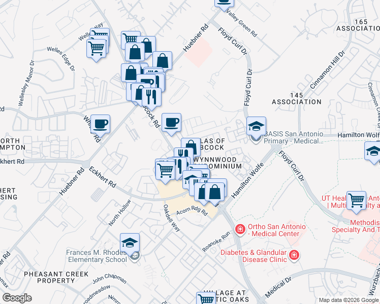map of restaurants, bars, coffee shops, grocery stores, and more near 5615 Babcock Road in San Antonio