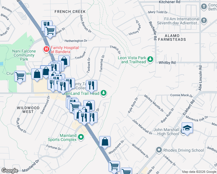 map of restaurants, bars, coffee shops, grocery stores, and more near 7414 Slippery Elm Street in San Antonio
