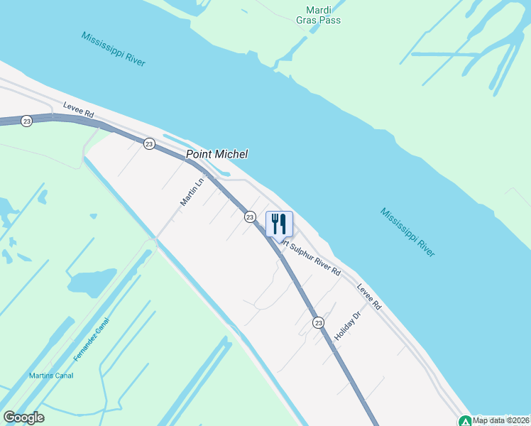 map of restaurants, bars, coffee shops, grocery stores, and more near 121 Oak Ridge Lane in Port Sulphur