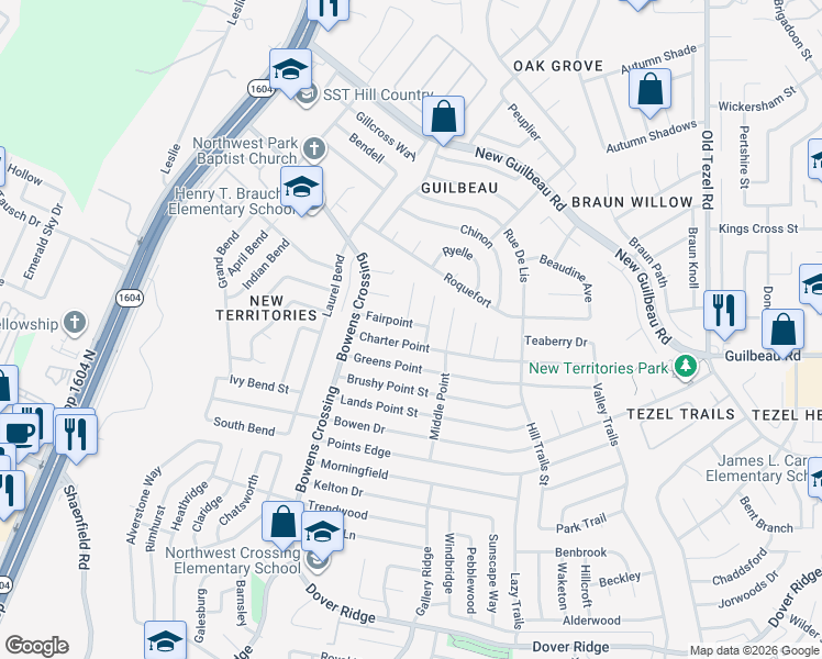 map of restaurants, bars, coffee shops, grocery stores, and more near 9414 Fairpoint in San Antonio