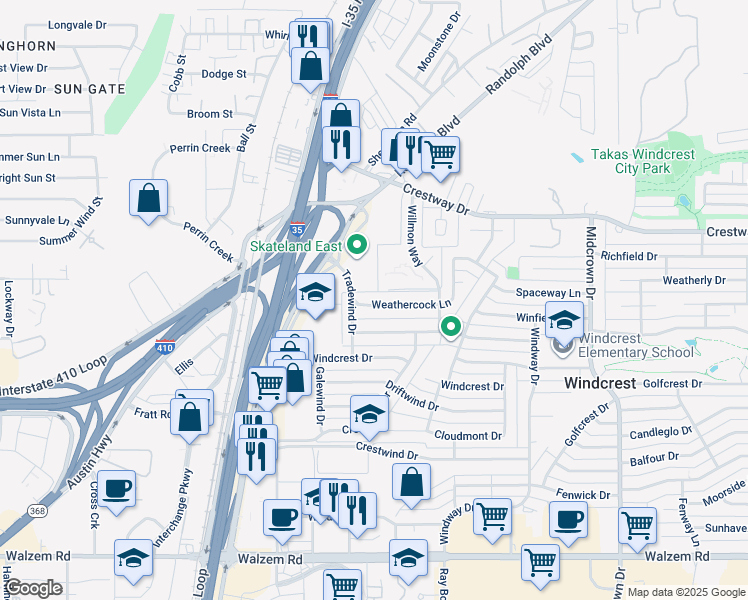 map of restaurants, bars, coffee shops, grocery stores, and more near 213 Weathercock Lane in San Antonio