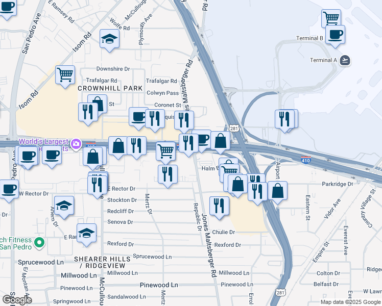 map of restaurants, bars, coffee shops, grocery stores, and more near 96 I- 410 Access Road in San Antonio