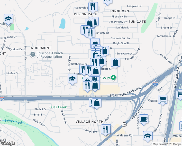 map of restaurants, bars, coffee shops, grocery stores, and more near 4151 Bretton Ridge in San Antonio