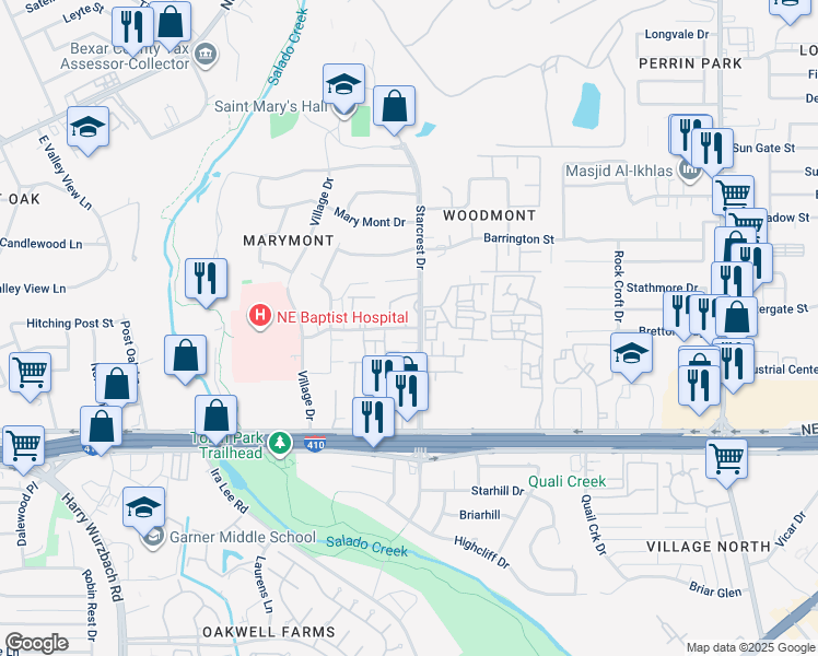 map of restaurants, bars, coffee shops, grocery stores, and more near 8715 Starcrest Drive in San Antonio