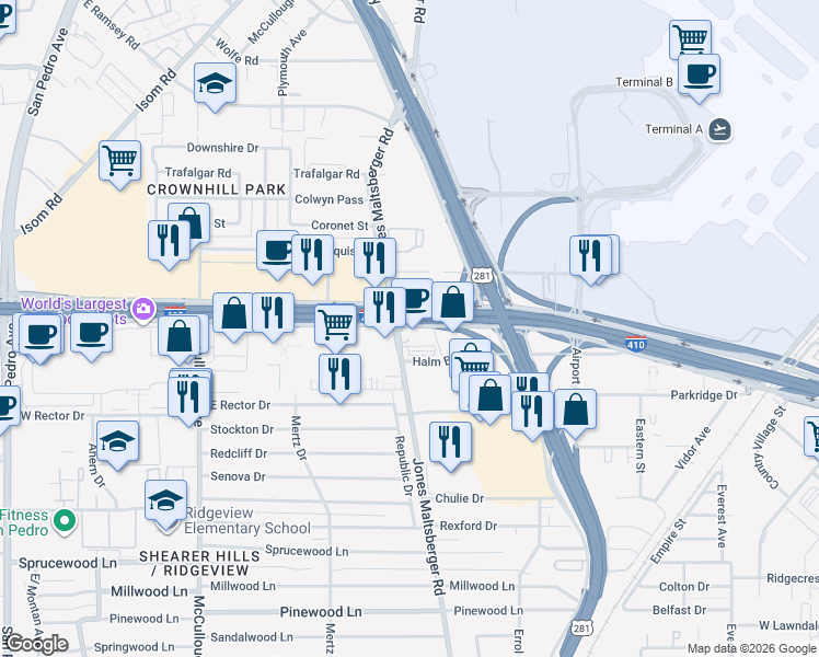 map of restaurants, bars, coffee shops, grocery stores, and more near 96 I- 410 Access Road in San Antonio