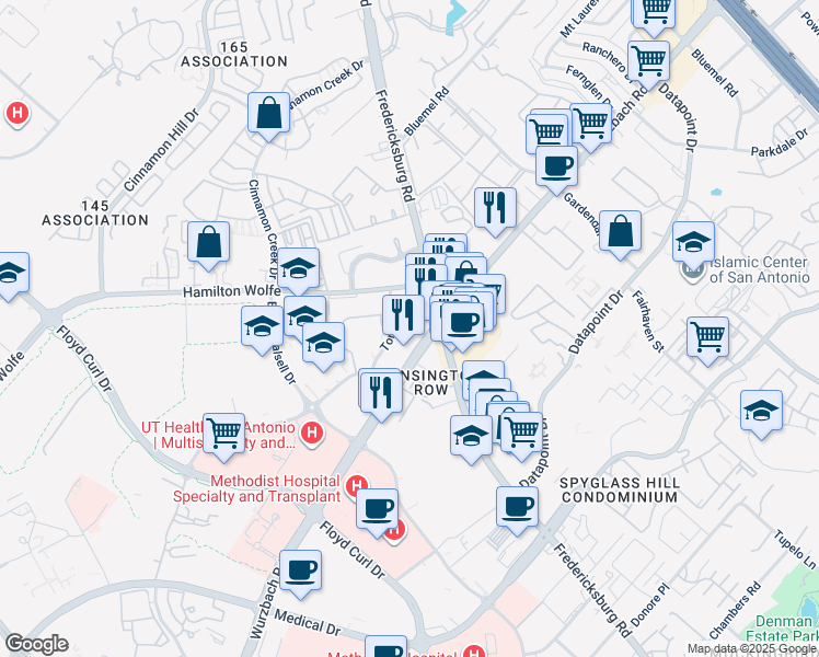 map of restaurants, bars, coffee shops, grocery stores, and more near 8539 Fredericksburg Road in San Antonio