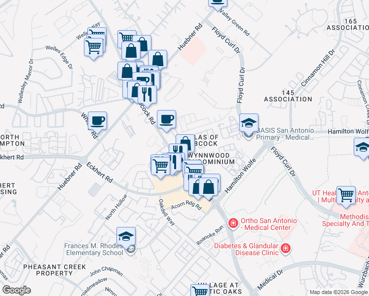 map of restaurants, bars, coffee shops, grocery stores, and more near 5615 Babcock Road in San Antonio