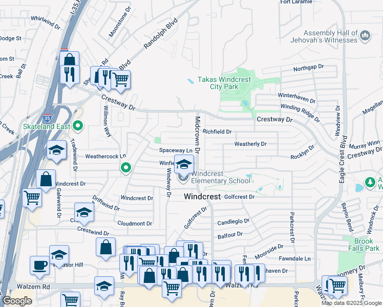 map of restaurants, bars, coffee shops, grocery stores, and more near 450 Spaceway Drive in San Antonio