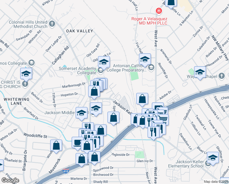 map of restaurants, bars, coffee shops, grocery stores, and more near 2503 Jackson Keller Road in San Antonio