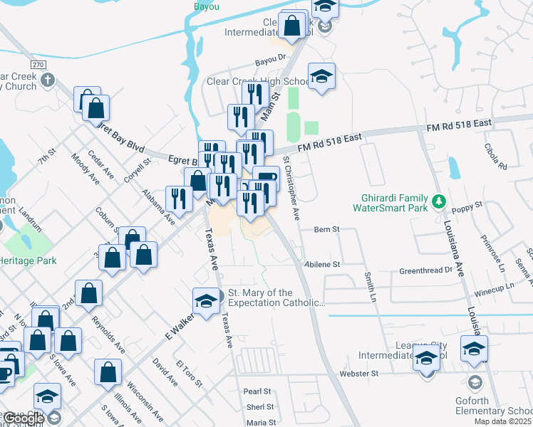 map of restaurants, bars, coffee shops, grocery stores, and more near 250 South Farm-To-Market Road 270 in League City