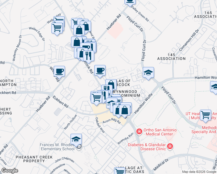 map of restaurants, bars, coffee shops, grocery stores, and more near 5615 Babcock Road in San Antonio